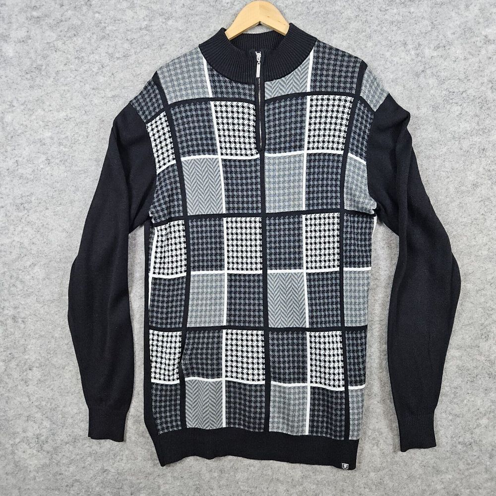 Stacy Adams‎ Men's Quarter 1/4 Zip Sweater Size Large Long Checked 100% Acrylic